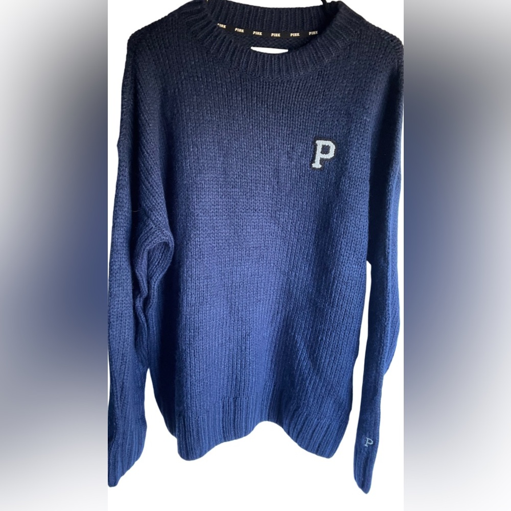 PINK BY VS BLUE SWEATER WITH P LETTERMAN SWEATER SZ OVERSIZED MEDIUM